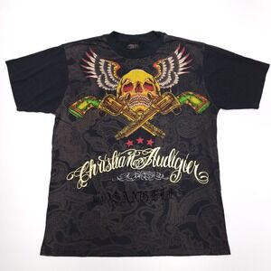 Christian‎ Audigier T Shirt Skull Guns Revolver Rhinestone Los Angeles Angels